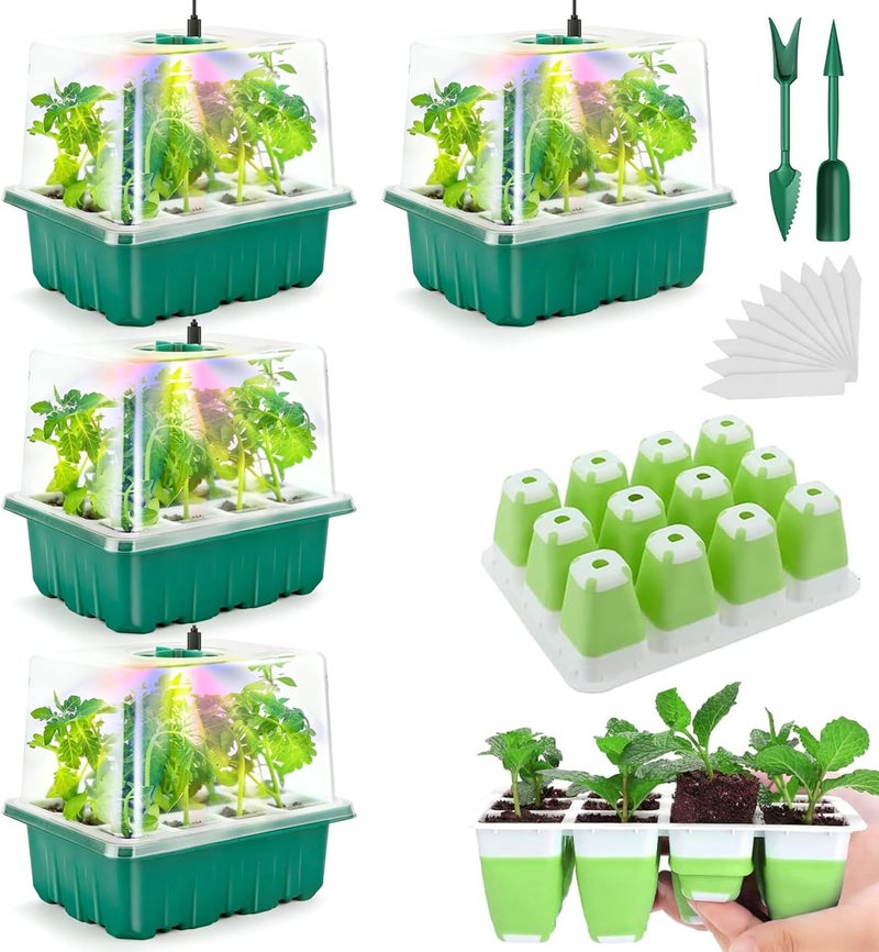 Ryscam Seed Starter Tray with Grow Light, 48 Cells Indoor Seed Starter Kit, Flexible Silicone Seedling Starter Trays, Germination Tray Kit with Humidity Dome & Lids(4in Height), Reusable & Dishwasher Safe - Image 1